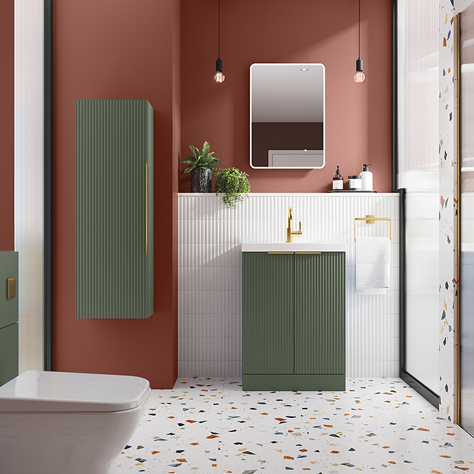 Venice Fluted 500mm Green Vanity Unit - Floor Standing 2 Door Unit with Brushed Brass Handles - Image 4