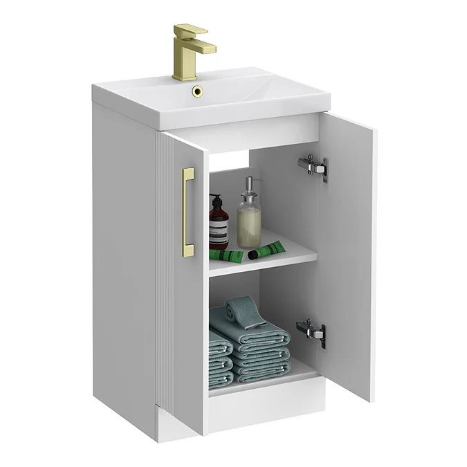 Roxbury Deco Fluted 500mm White Vanity Unit - Floor Standing 2 Door Unit with Brushed Brass Handles - Image 2