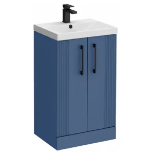Roxbury Deco Fluted 500mm Blue Vanity Unit - Floor Standing 2 Door Unit with Matt Black Handles