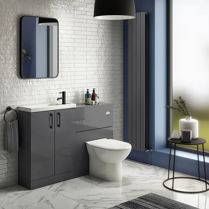 Apollo2 605mm Gloss Grey Compact Floor Standing Vanity Unit w. Matt Black Handles - Image 4