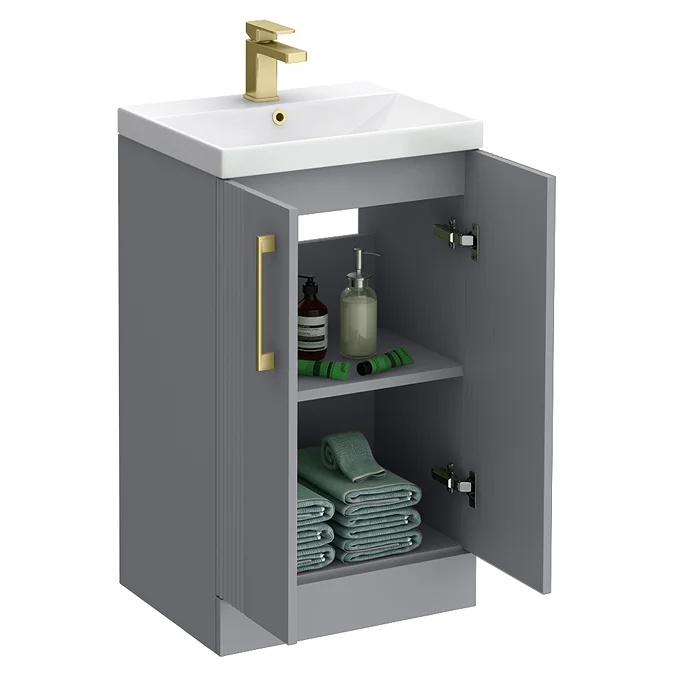 Roxbury Deco Fluted 500mm Grey Vanity Unit - Floor Standing 2 Door Unit With Brushed Brass Handles - Image 2