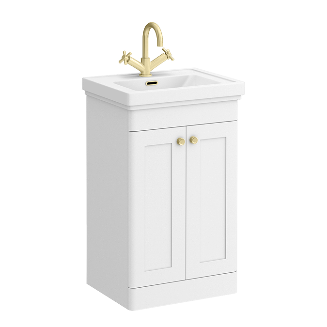 Roxbury Traditional 500mm Satin White Vanity Unit - Floor Standing 2 Door Unit with Brushed Brass Handles 1 Tap Hole