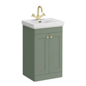 Roxbury Traditional 500mm Satin Green Vanity Unit - Floor Standing 2 Door Unit with Brushed Brass Handles 1 Tap Hole