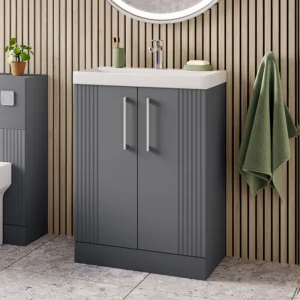 Roxbury Deco Fluted 600mm Grey Vanity Unit - Floor Standing 2 Door Unit with Chrome Handles