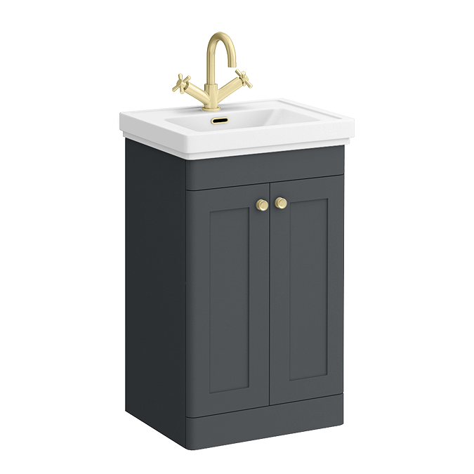 Roxbury Traditional 500mm Satin Anthracite Vanity Unit - Floor Standing 2 Door Unit with Brushed Brass Handles 1 Tap Hole