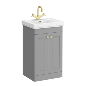 Roxbury Traditional 500mm Satin Grey Vanity Unit - Floor Standing 2 Door Unit with Brushed Brass Handles 0 Tap Hole