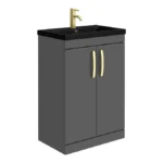Brooklyn 600mm Gloss Grey Floor Standing Vanity Unit with Matt Black Basin + Brass Handles