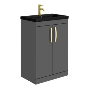 Brooklyn 600mm Gloss Grey Floor Standing Vanity Unit with Matt Black Basin + Brass Handles