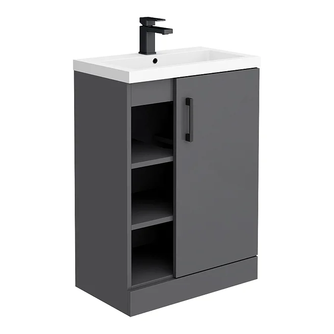 Apollo2 605mm Gloss Grey Open Shelf Floor Standing Vanity Unit w. Matt Black Handle