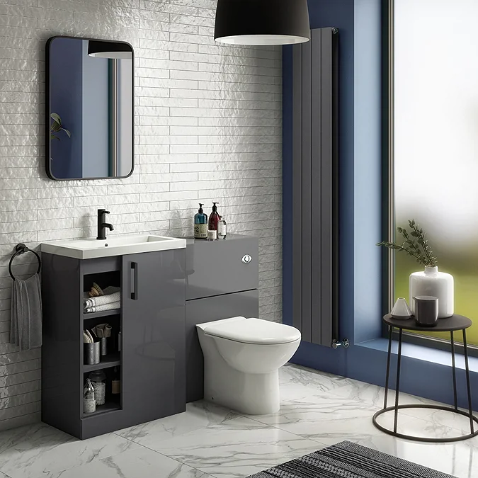 Apollo2 605mm Gloss Grey Open Shelf Floor Standing Vanity Unit w. Matt Black Handle - Image 4