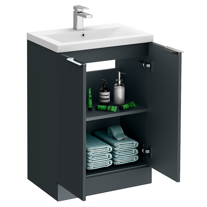 Venice Fluted 600mm Anthracite Vanity Unit - Floor Standing 2 Door Unit with Chrome Handles - Image 4