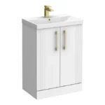 Roxbury Deco Fluted 600mm White Vanity Unit - Floor Standing 2 Door Unit with Brushed Brass Handles