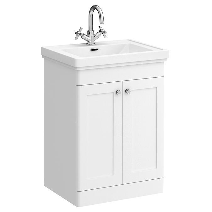 Roxbury Traditional 600mm Satin White Vanity Unit - Floor Standing 2 Door Unit with Chrome Handles 1 Tap Hole