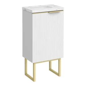 Opus 400mm Fluted Cloakroom Vanity Unit with Legs - Satin White, Marble-Effect Basin & Brushed Brass