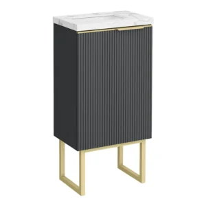 Opus 400mm Fluted Cloakroom Vanity Unit with Legs - Satin Black, Marble-Effect Basin & Brushed Brass