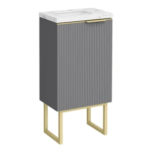 Opus 400mm Fluted Cloakroom Vanity Unit with Legs - Satin Grey, Marble-Effect Basin & Brushed Brass