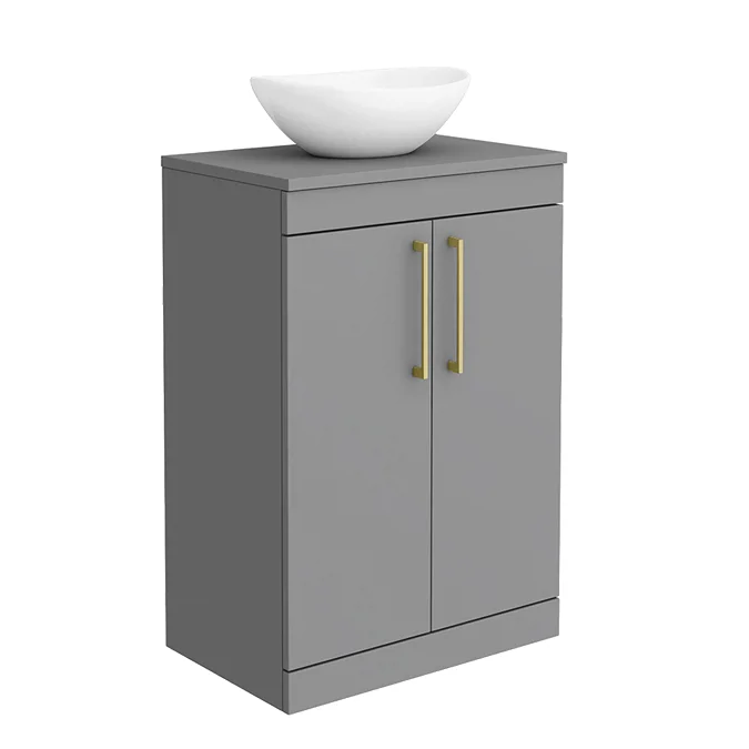 Arezzo Countertop Basin Unit - Grey with Brushed Brass Handles - 600mm inc. Basin