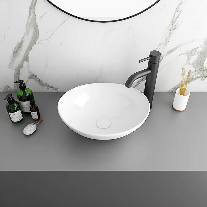 Arezzo Countertop Basin Unit - Grey with Brushed Brass Handles - 600mm inc. Basin - Image 5
