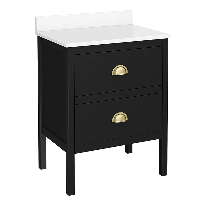 Alchemy 610mm Floor Standing Vanity Unit - Matt Black with White Granite Worktop & Brushed Brass Handles