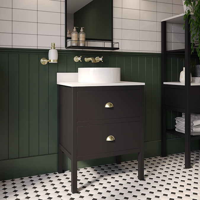 Alchemy 610mm Floor Standing Vanity Unit - Matt Black with White Granite Worktop & Brushed Brass Handles - Image 2