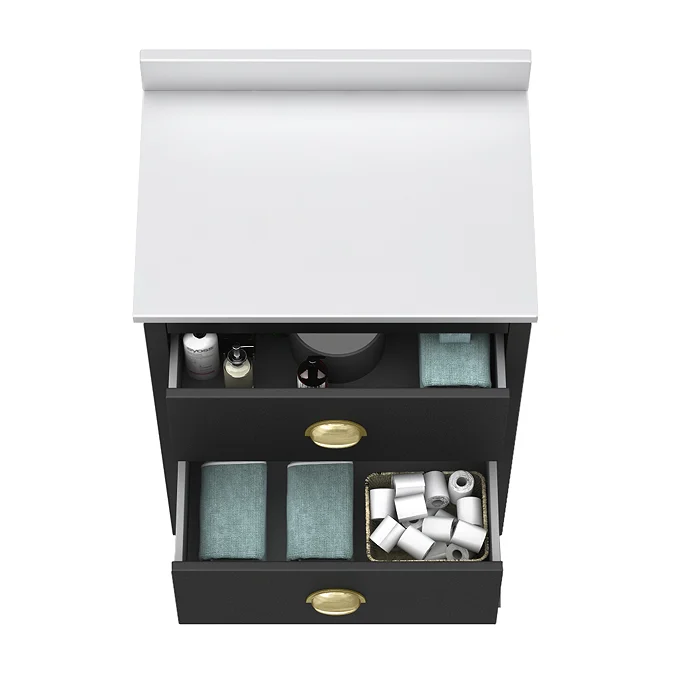 Alchemy 610mm Floor Standing Vanity Unit - Matt Black with White Granite Worktop & Brushed Brass Handles - Image 3