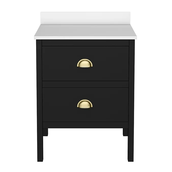 Alchemy 610mm Floor Standing Vanity Unit - Matt Black with White Granite Worktop & Brushed Brass Handles - Image 4
