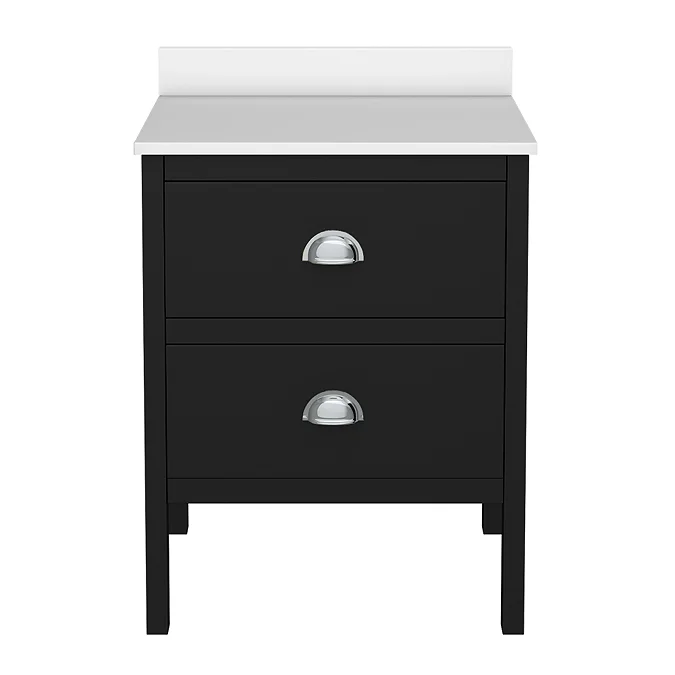 Alchemy 610mm Floor Standing Vanity Unit - Matt Black with White Granite Worktop & Chrome Handles - Image 2