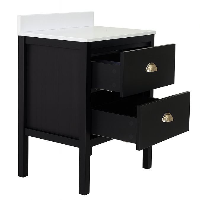 Alchemy 610mm Floor Standing Vanity Unit - Matt Black with White Granite Worktop & Antique Brass Handles - Image 3