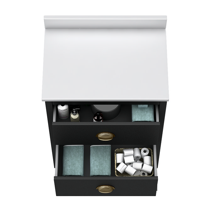 Alchemy 610mm Floor Standing Vanity Unit - Matt Black with White Granite Worktop & Antique Brass Handles - Image 5