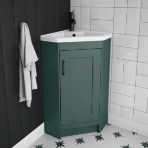 Chatsworth Traditional Green Corner Vanity Unit with Matt Black Handle