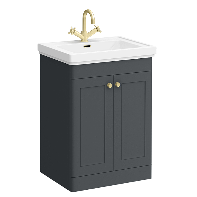 Roxbury Traditional 600mm Satin Anthracite Vanity Unit - Floor Standing 2 Door Unit with Brushed Brass Handles 0 Tap Hole - Image 2