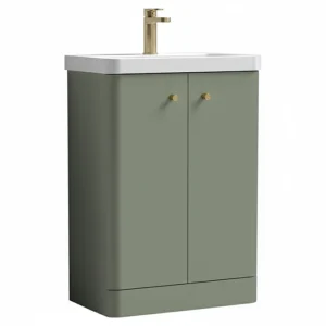 Cruze 600mm Curved Satin Green Vanity Unit with Brushed Brass Handles