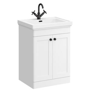 Roxbury Traditional 600mm Satin White Vanity Unit - Floor Standing 2 Door Unit with Matt Black Handles 1 Tap Hole