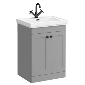 Roxbury Traditional 600mm Satin Grey Vanity Unit - Floor Standing 2 Door Unit with Matt Black Handles 1 Tap Hole