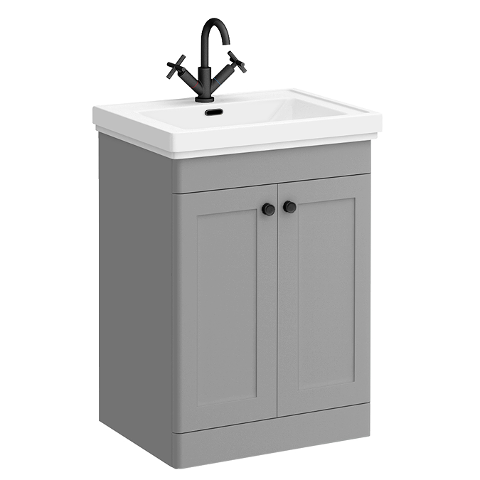 Roxbury Traditional 600mm Satin Grey Vanity Unit - Floor Standing 2 Door Unit with Matt Black Handles 1 Tap Hole