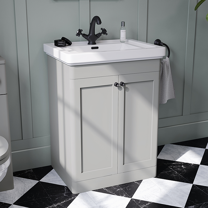 Roxbury Traditional 600mm Satin Grey Vanity Unit - Floor Standing 2 Door Unit with Matt Black Handles 1 Tap Hole - Image 2