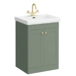 Roxbury Traditional 600mm Satin Green Vanity Unit - Floor Standing 2 Door Unit with Brushed Brass Handles 1 Tap Hole