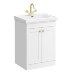 Roxbury Traditional 600mm Satin White Vanity Unit - Floor Standing 2 Door Unit with Brushed Brass Handles 1 Tap Hole