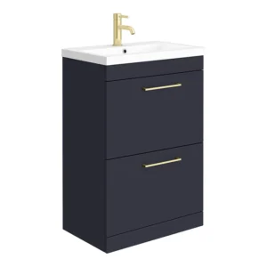 Arezzo 600 Matt Blue Floor Standing 2-Drawer Vanity Unit with Brushed Brass Handles