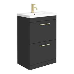Arezzo 600 Matt Black Floor Standing 2-Drawer Vanity Unit with Brushed Brass Handles