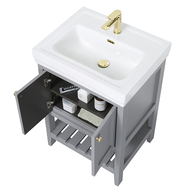 Trafalgar Freestanding Vanity Unit - 610mm Grey with Brushed Brass Handles - Image 4
