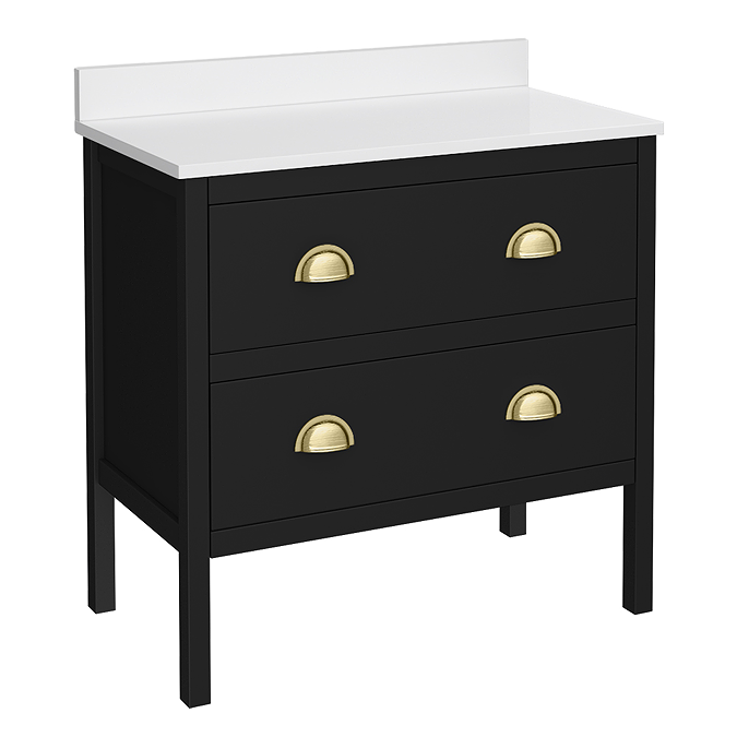 Alchemy 810mm Floor Standing Vanity Unit - Matt Black with White Granite Worktop & Brushed Brass Handles