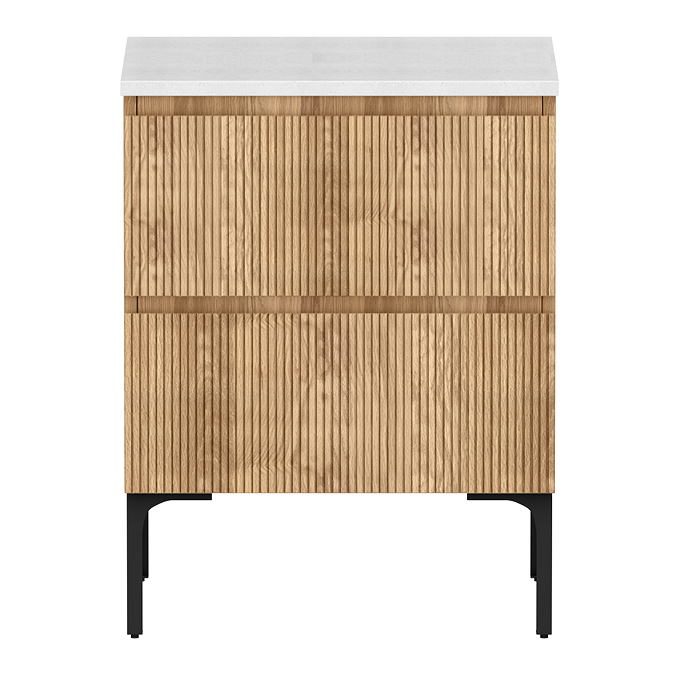 Osaka Slatted Oak 600mm 2-Drawer Countertop Vanity Unit with White Stone Worktop - Image 2