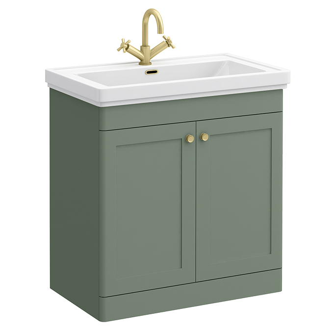 Roxbury Traditional 800mm Satin Green Vanity Unit - Floor Standing 2 Door Unit with Brushed Brass Handles 1 Tap Hole