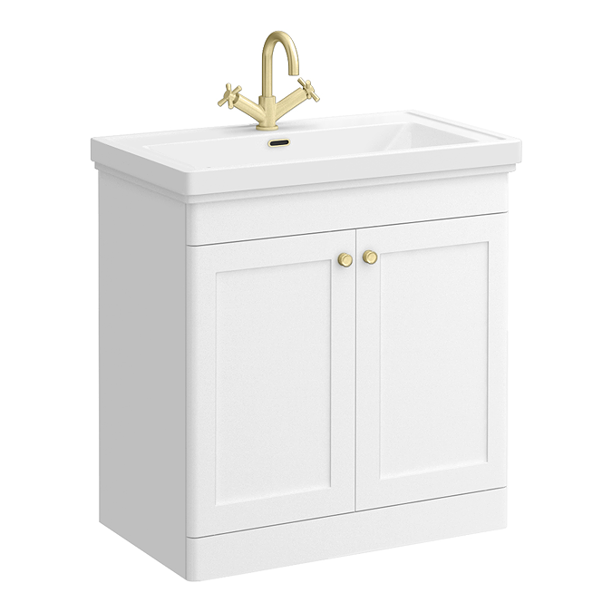 Roxbury Traditional 800mm Satin White Vanity Unit - Floor Standing 2 Door Unit with Brushed Brass Handles 1 Tap Hole