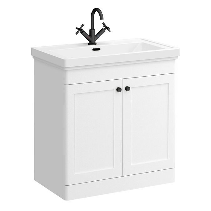 Roxbury Traditional 800mm Satin White Vanity Unit - Floor Standing 2 Door Unit with Matt Black Handles 1 Tap Hole