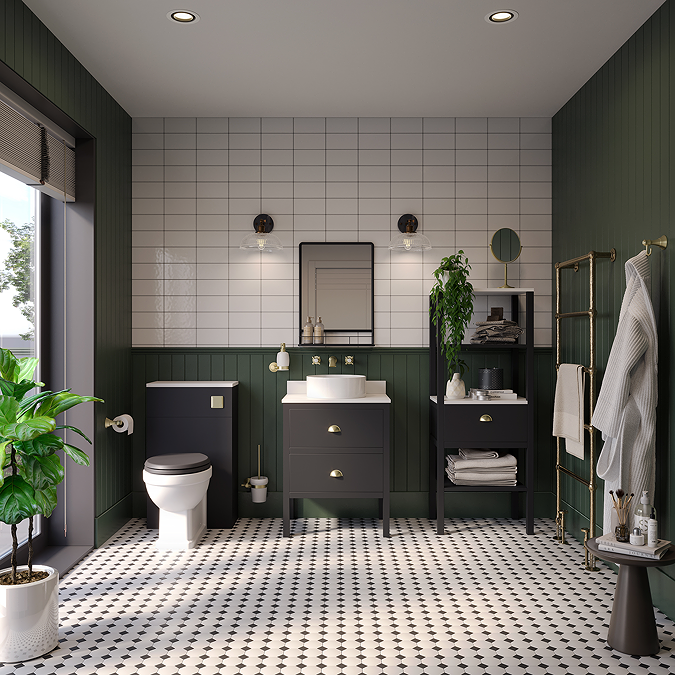 Alchemy 610mm Matt Black Vanity Unit with White Granite Worktop, Antique Brass Handles & Round Countertop Basin - Image 3