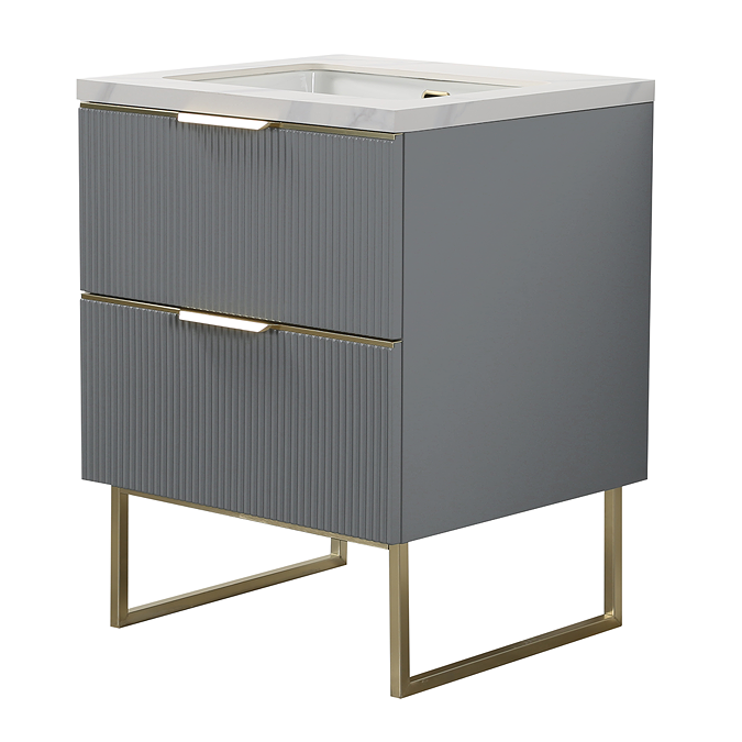 Opus 600mm Fluted Vanity Unit with Legs - Satin Grey, Marble-Effect Basin & Brushed Brass - Image 4