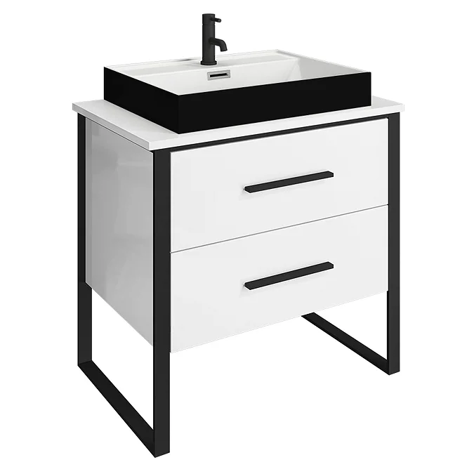 Arezzo Countertop Basin Unit - Gloss White with Black Frame - 800mm incl. Matt Black Basin