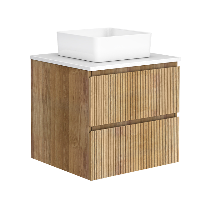 Osaka Slatted Oak 600mm 2-Drawer Vanity Unit with White Stone Worktop and Square Basin - Image 3